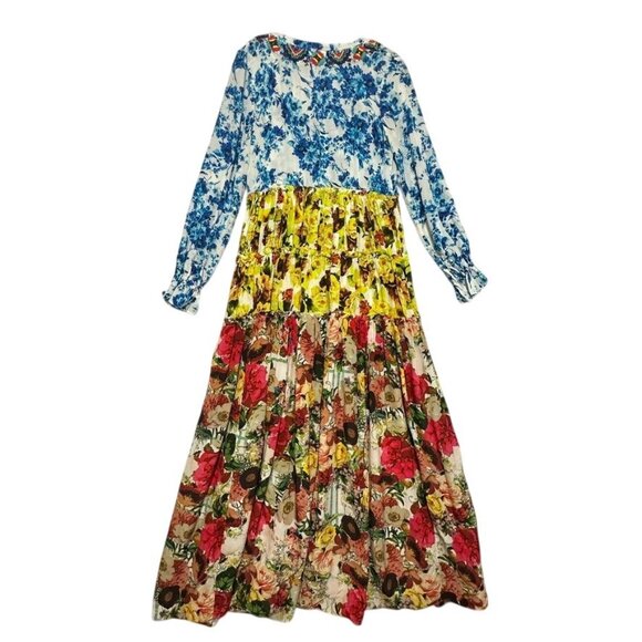 ROCOCO SAND Romantic Floral Tiered Maxi Dress Silk Beaded V-neck  XS - Picture 5 of 13
